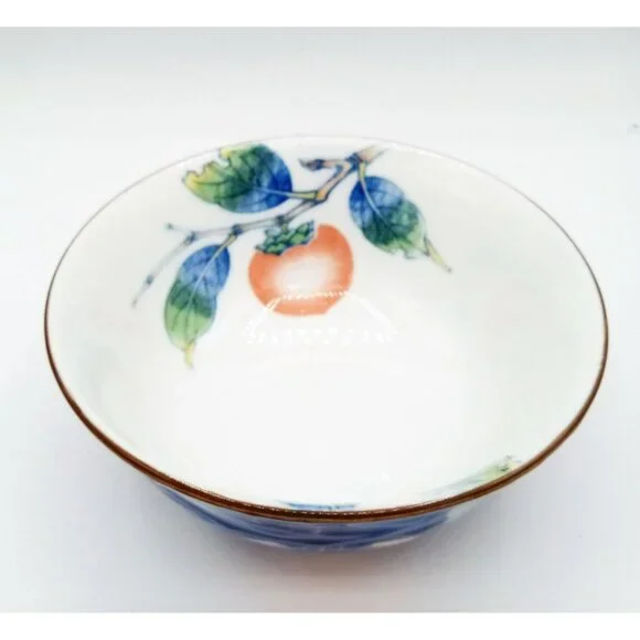 Porcelain Bowl Hand Painted Peach Persimmon Leaf 5.5 Inch Vintage Japanese Mark - Picture 6 of 14